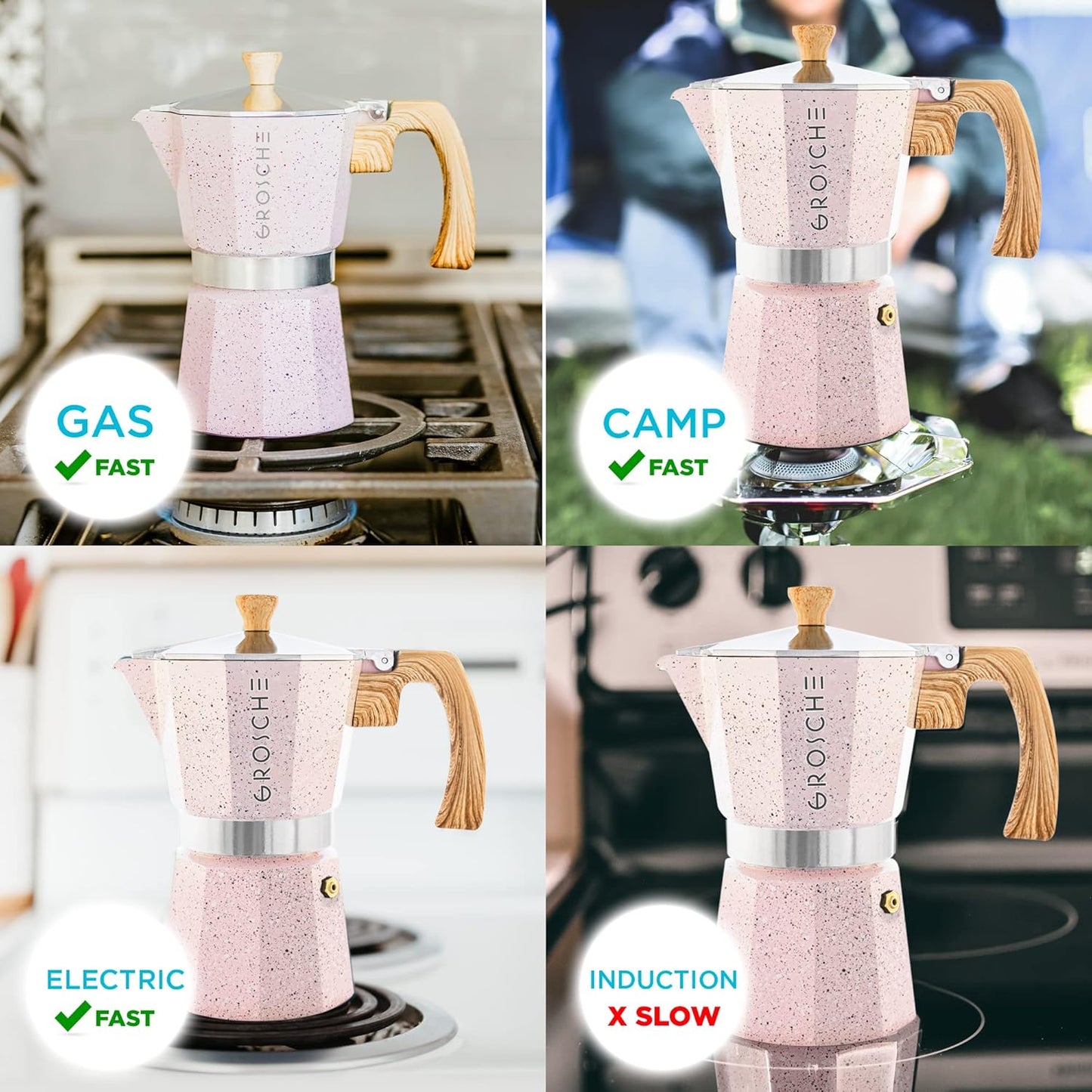 GROSCHE Milano Moka pot, Stovetop Espresso maker, Greca Coffee Maker, Stovetop coffee maker and espresso maker percolator (Pink, 6 cup)