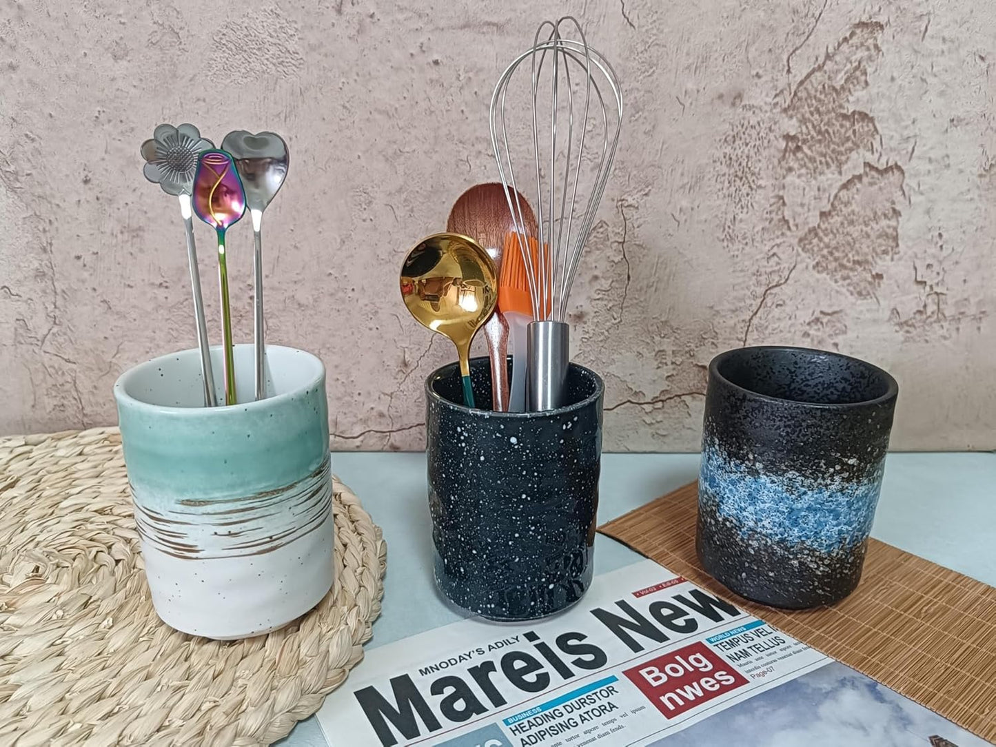 Stoneware Coffee Bar Utensil Holder Tea & Coffee Spoon & Stirrer Holder for Stir Stick Straw Teaspoon Holder Spoon Cup Small Utensil Jar (Sea Water)