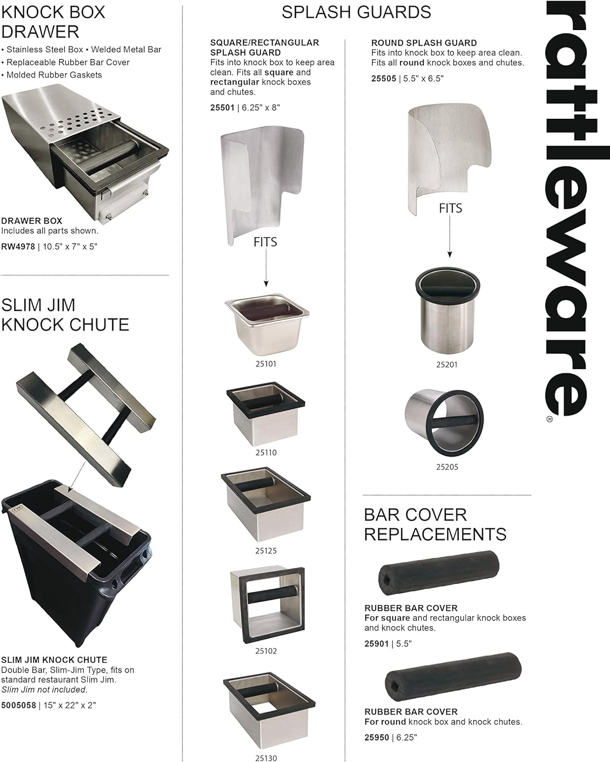 Rattleware Stainless Steel Open Bottom Knock Box Chute – Heavy-Duty Espresso Puck Disposal Bin with Welded Rubber Bar – Fits Coffee Stations, Café, Restaurant, Hotel, or Home Use (9" x 5.5" x 4")