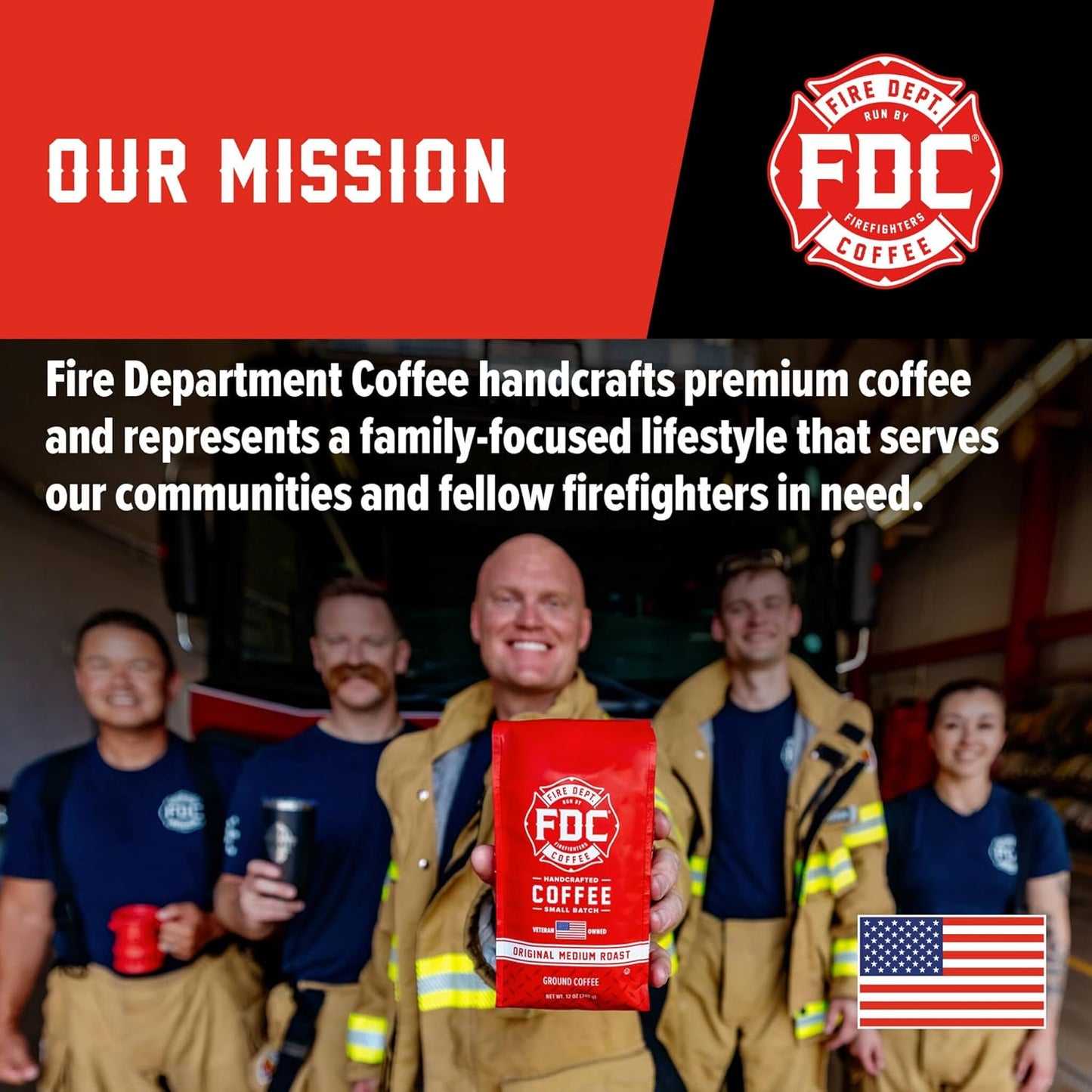 Fire Department Coffee - Gives Back to Firefighters - Sweet & Smooth Donut Shop Ground Coffee - Medium Roast - Roasted in the USA - Veteran Owned - 12 oz