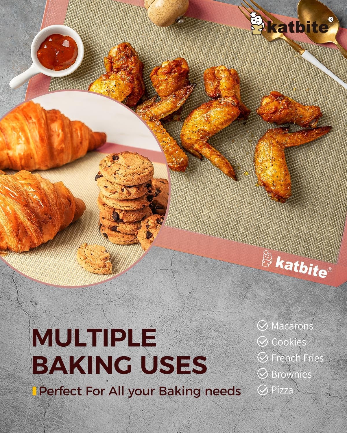 Katbite Silicone Baking Mat Colorful Collection - Set of 3: 2 Half Sheets Mats (11 5/8" x 16 1/2") + 1 Quarter Baking Sheet, Reusable & Nonstick Bakeware Mats for Cookies, Macarons, Bread (Pink)