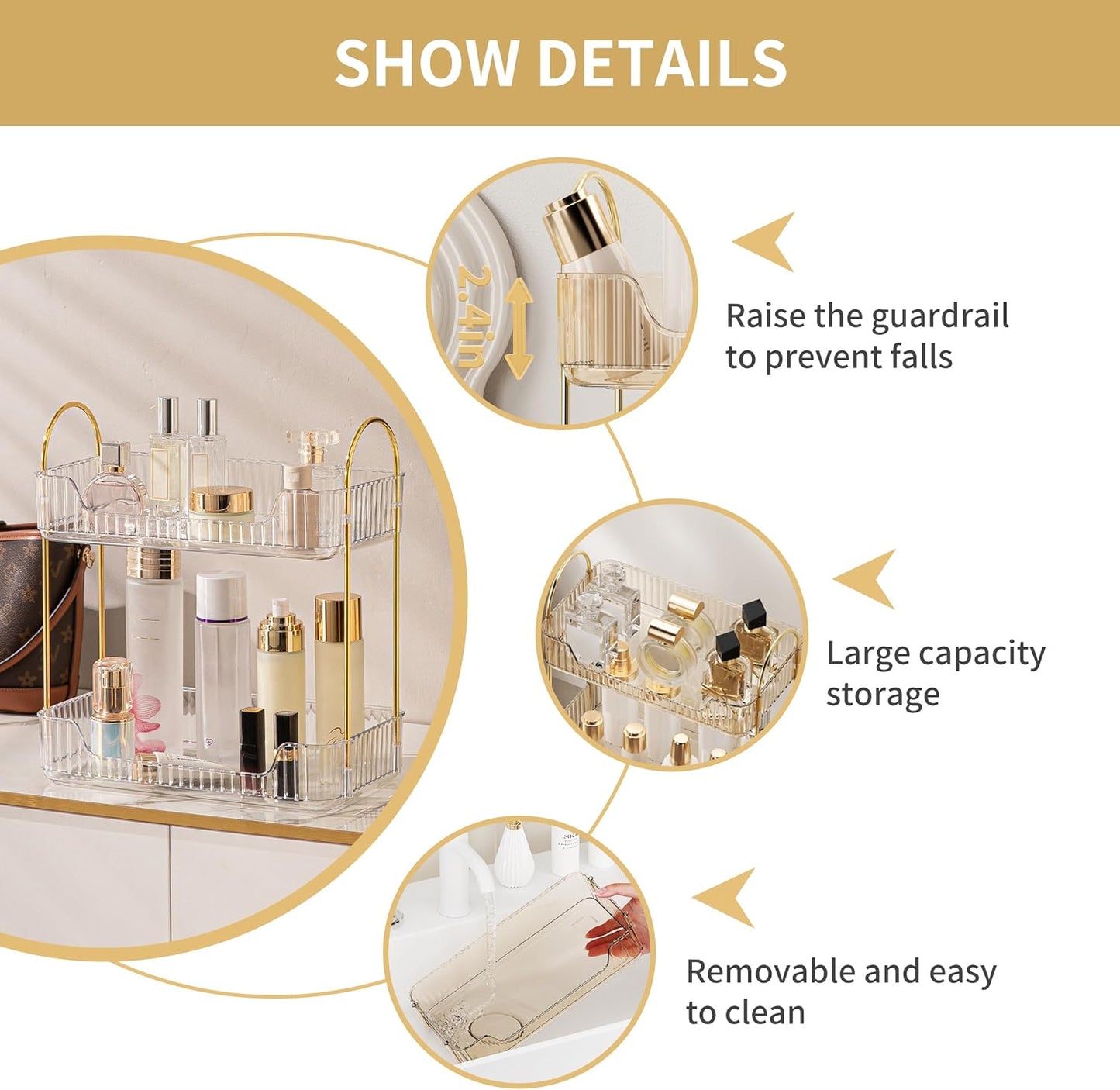YCIA&DONE Bathroom Organizer Countertop, Makeup Storage, Skincare Cosmetic Tray Shelf, Perfume Holder Rack for Vanity Counter, Large Capacity, Easy to Install, Clean, 2 Tiers, Clear White