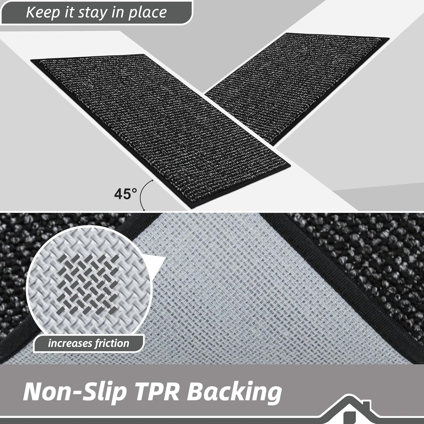 BEQHAUSE Dirt Trapper Door Mat 24" x 60", Non-Slip Washable Doormats Entrance Mat, Dirt Resistant and Absorbent Welcome Mat, Low Profile Floor Mats for Front Back Door and Entryway, Black