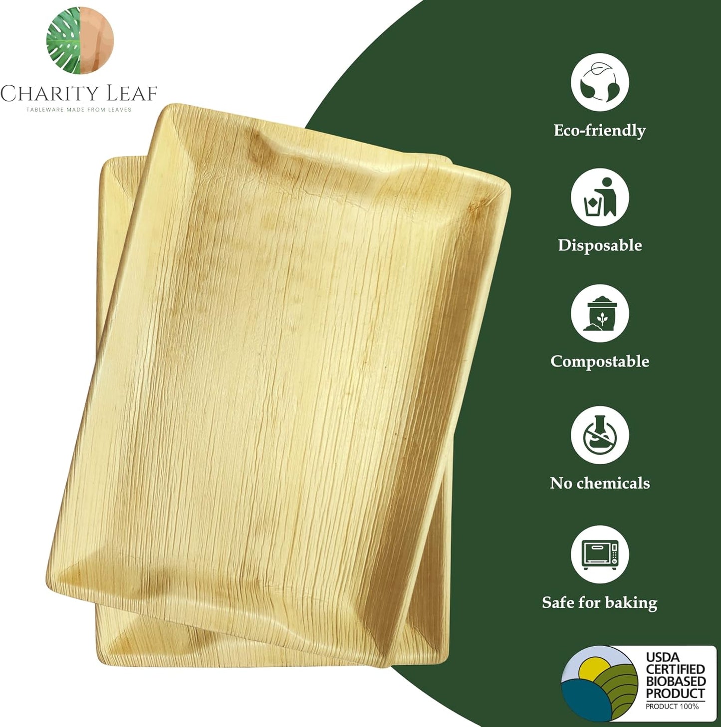 Charity Leaf Disposable Palm Leaf 14" x 10" Trays (10 pieces) Bamboo Like Serving Platters, Disposable Boards, Eco-Friendly Dinnerware For Weddings, Catering, Events