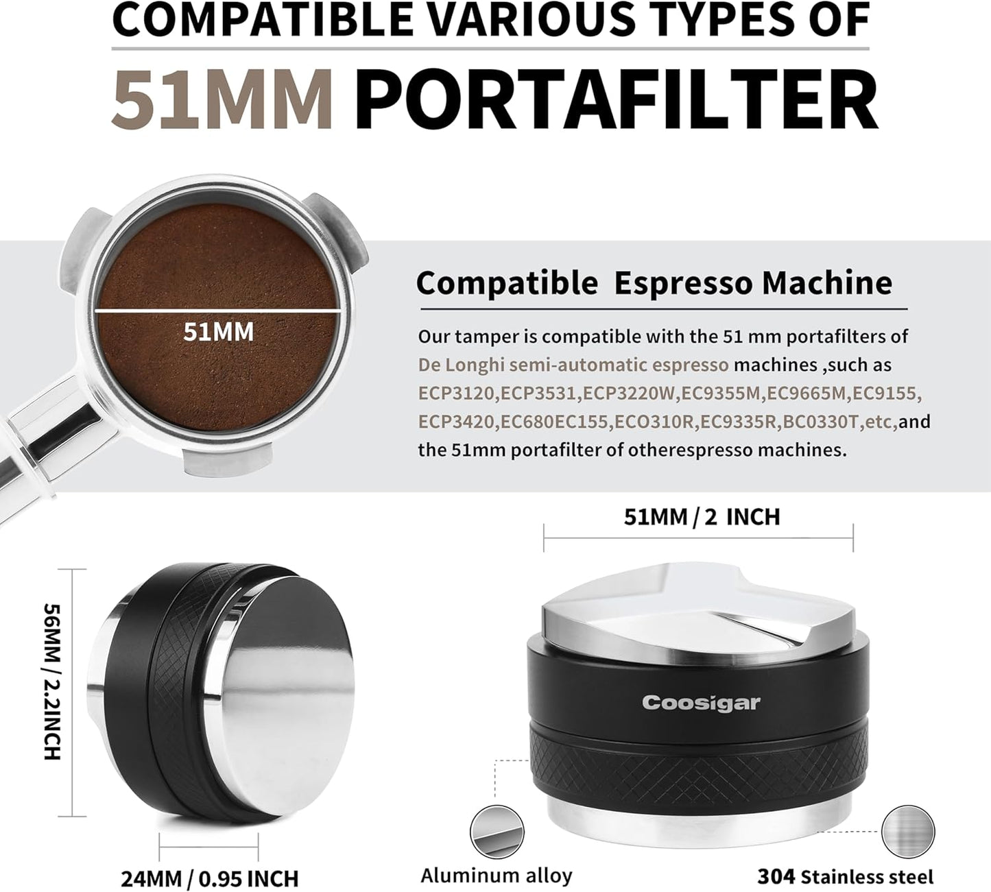 51mm Coffee Distributor and Tamper,Dual Head Coffee Leveler Fits for Delonghi 51mm Portafilter,Professional Espresso Hand Tamper.
