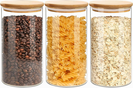 Round Glass Jars Canister with Wood Lid 40 FL OZ [Set of 3], Container Jar with Sealing, Lids for Oat Pasta Flour Cereal Rice Sugar Tea Coffee Beans, Best for Kitchen & Pantry