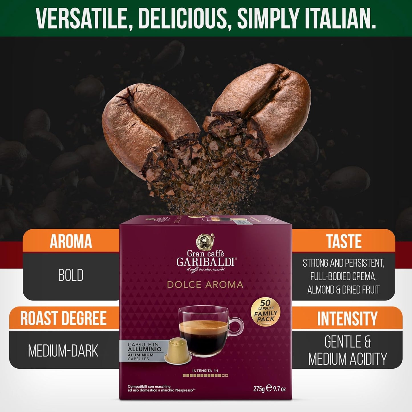 Gran Caffè Garibaldi Espresso Pods, Italian Roasted Coffee, Compatible Nespresso Original Line Machines, Nitrogen Flushed, Intense Aroma, Full-Bodied Crema - Dolce Aroma 200 Aluminum Cups