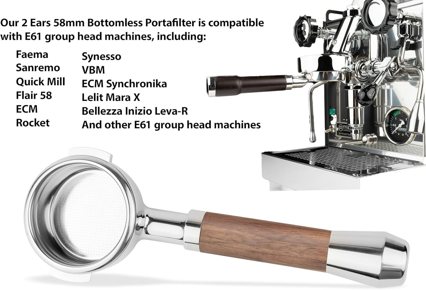 LILQ 58mm Bottomless Naked 2 Ears Portafilter Compatible with E61 Grouphead Machines– Includes 18–20g Basket(Rosewood Flat, 58mm For E61)