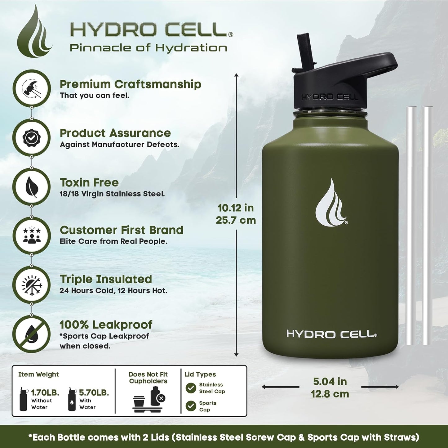 HYDRO CELL Stainless Steel Insulated Water Bottle with Straw - For Cold & Hot Drinks - Metal Vacuum Flask with Screw Cap and Modern Leakproof Sport Thermos for Adults (Army 64oz)