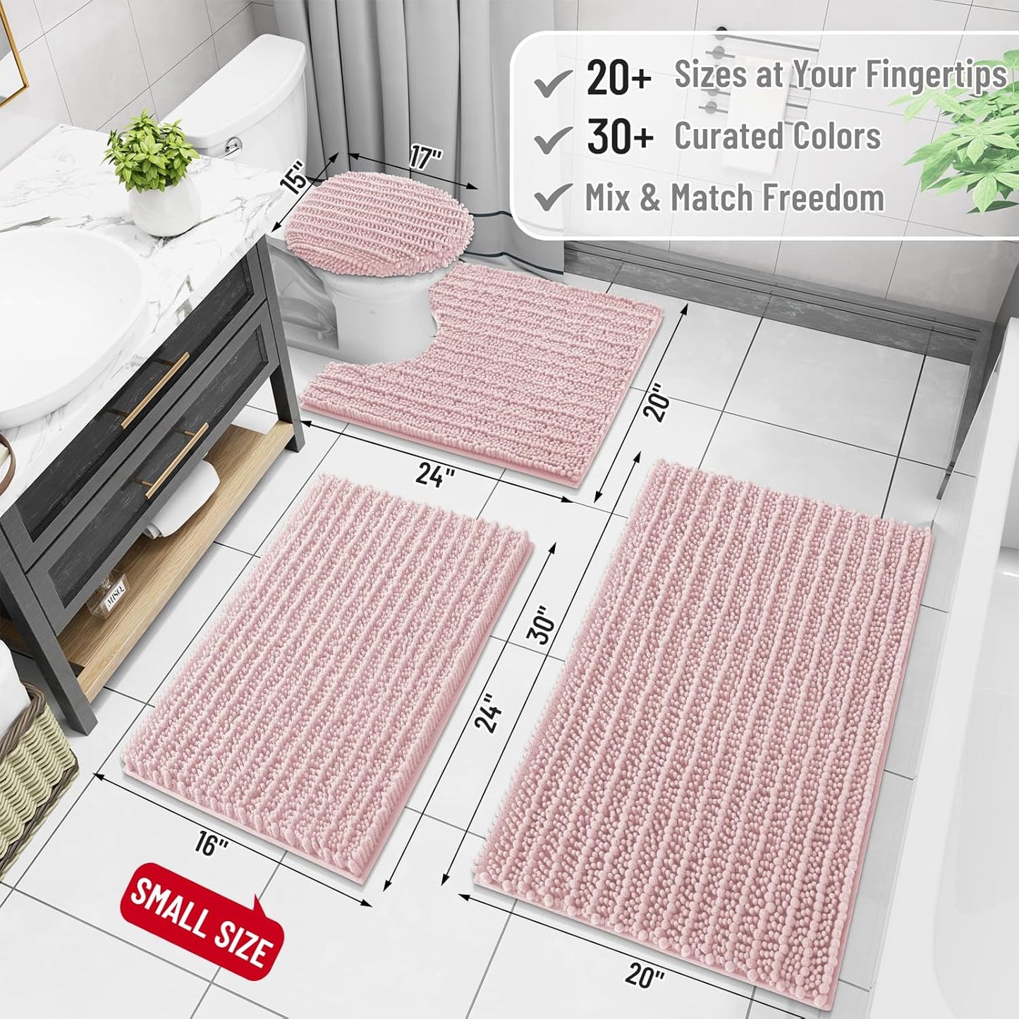 Arotive Luxury Chenille Bathroom Rug Mat, Extra Soft Thick Absorbent Shaggy Bath Rugs, Non-Slip Machine Wash Dry, Plush Bath Mats for Bathroom, Shower and Tub, 24x16, Dirty Pink