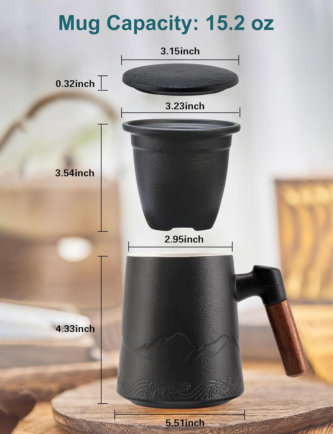 suyika Tea Cup with Infuser and Lid, 15.2 Ounce Wood Handle Ceramic Loose Leaf Mug Gradient Black 450ml