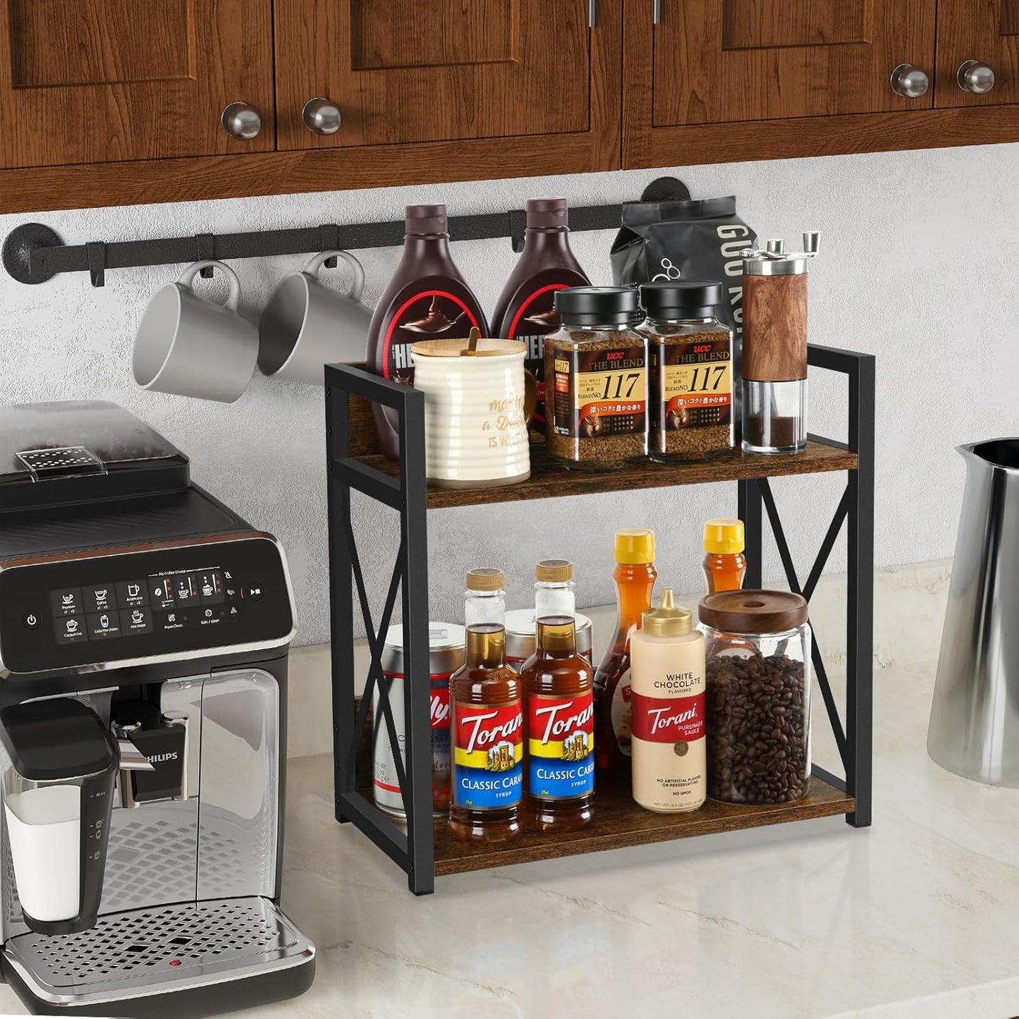 YINMIT Countertop Shelf Organizer,Coffee Bar Accessories,Spice Rack,Coffee Counter Shelf,2 Tier Coffee Organizer Station for Mugs,Cups,Cream,Syrup(Rustic Brown,Large)