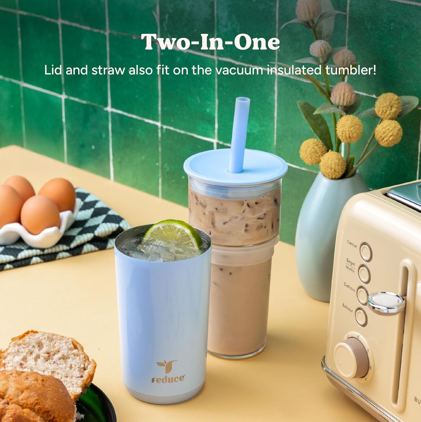 REDUCE Aspen 20 oz Vacuum Insulated Glass Tumbler with Lid & Extra Wide Straw - Keeps Drinks Cold for 12 Hrs - Ideal for Iced Coffee, Smoothies & Boba - Dishwasher Safe, Soft Base - Sand