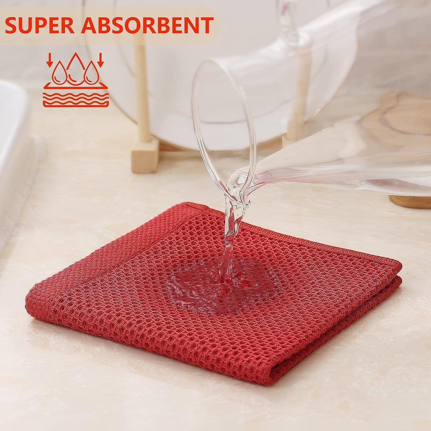 Kitinjoy 100% Cotton Kitchen Dish Cloths, 8 Pack Waffle Weave Ultra Soft Absorbent Dish Towels for Drying Dishes Quick Drying Kitchen Towels Dish Rags, 12 X 12 Inches, Brick Red