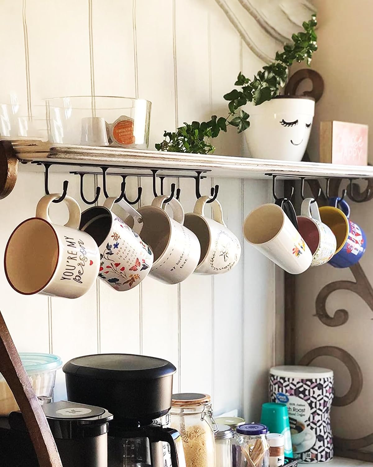 Mug Hanger Under Cabinet 3 Pcs Metal Coffee Hooks Wall Mounted Coffee Cup Rack Mug Storage Organizer for Kitchen Dining Bar - Black