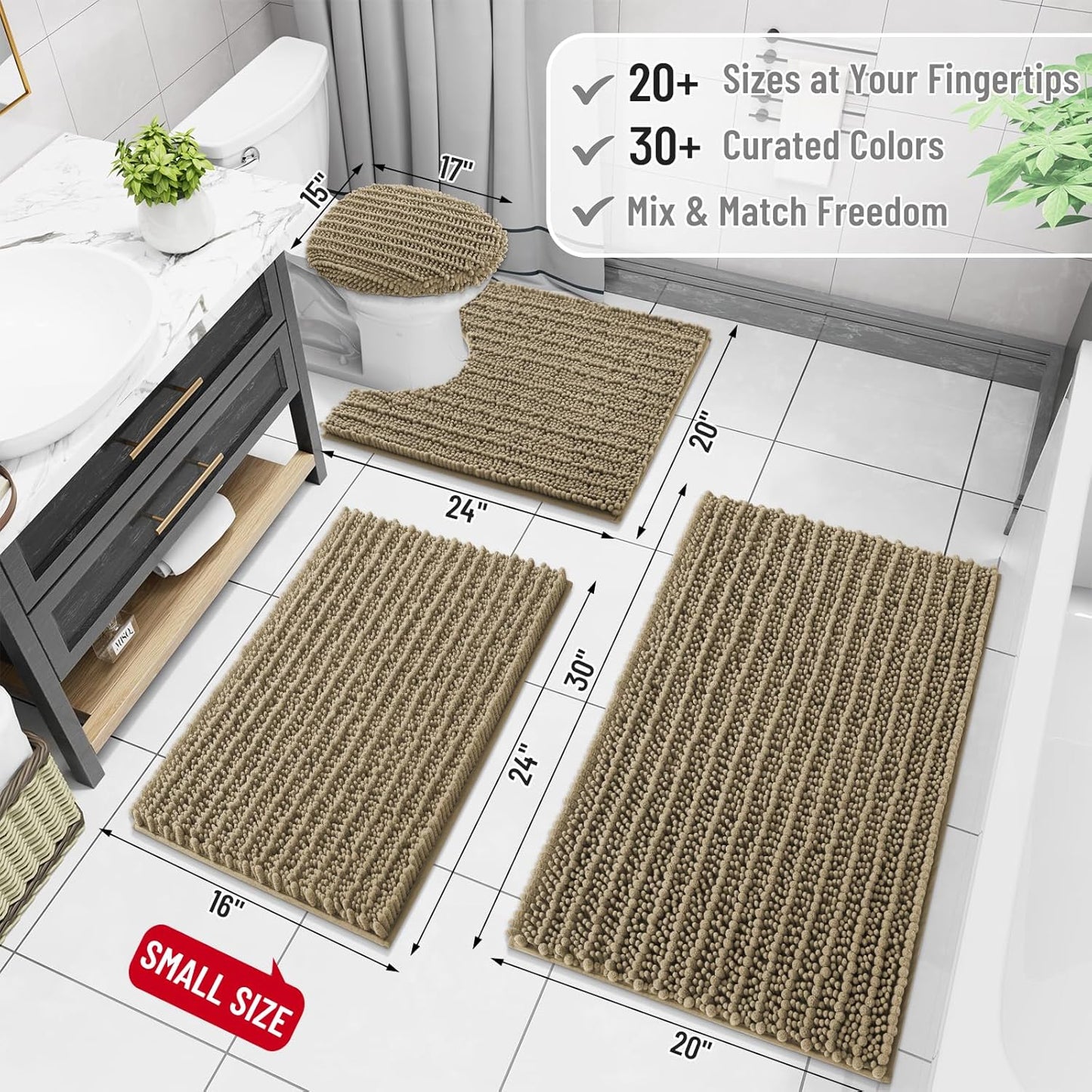 Arotive Luxury Chenille Bathroom Rug Mat, Extra Soft Thick Absorbent Shaggy Bath Rugs, Non-Slip Machine Wash Dry, Plush Bath Mats for Bathroom, Shower and Tub, 44x32, Camel