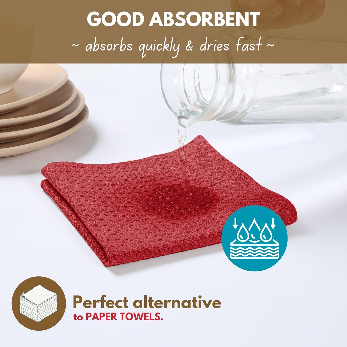 Native Fab Waffle 18 Pack Dish Cloths - 100% Cotton, 12"x12", Absorbent, Quick Drying, Washable Towels for Cleaning, Cooking & Baking - Ideal for Home, Hotels, Bars, Restaurants, Multiple Use - Red