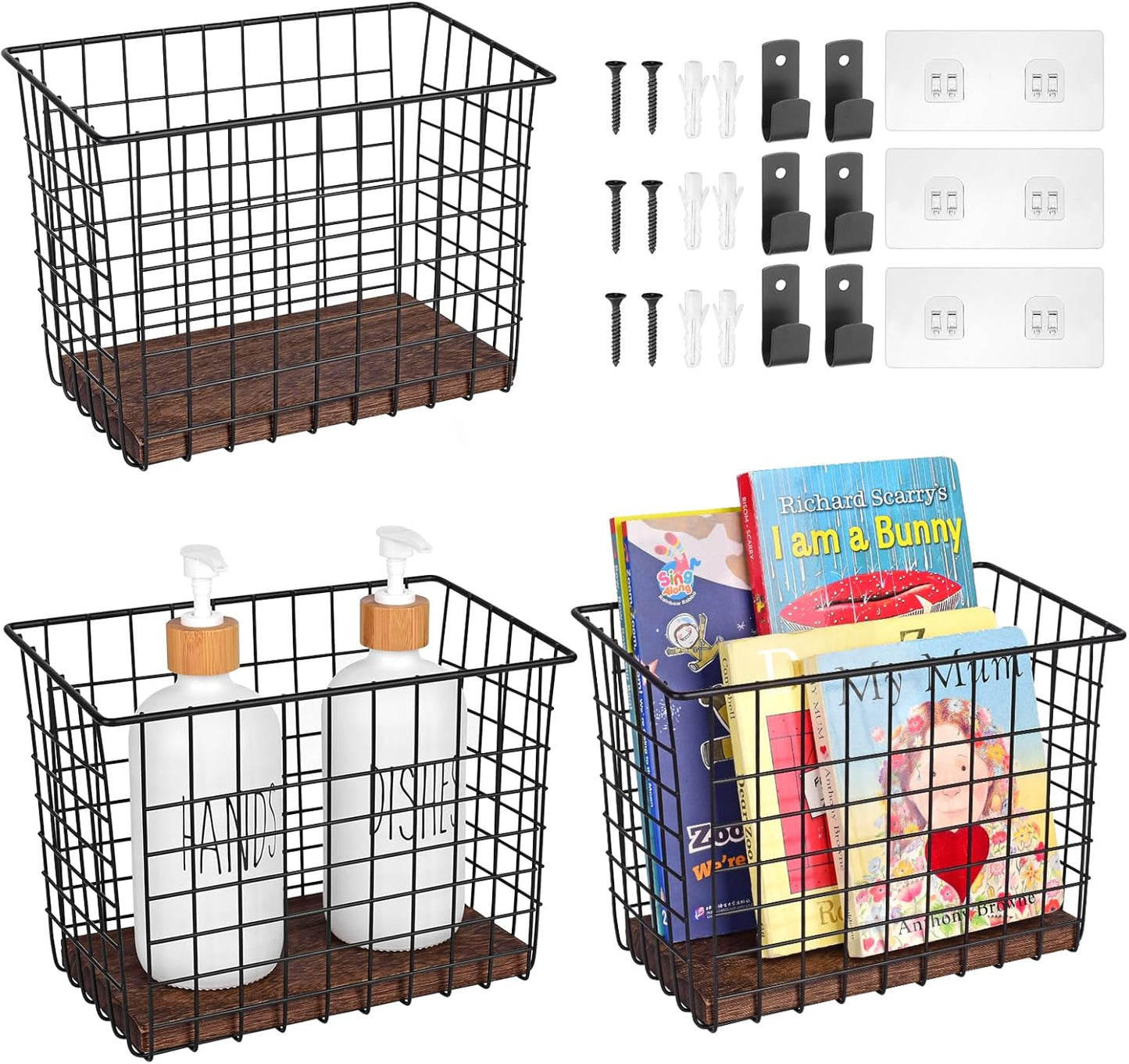 Wall Hanging Baskets 3 Pack, Large Diversified Wire Basket Shelves of Wooden Style, with Wall Mounted Metal Hooks & Traceless Stickers, for Kitchen Coffee Bar Office Room Garage Storage Organization
