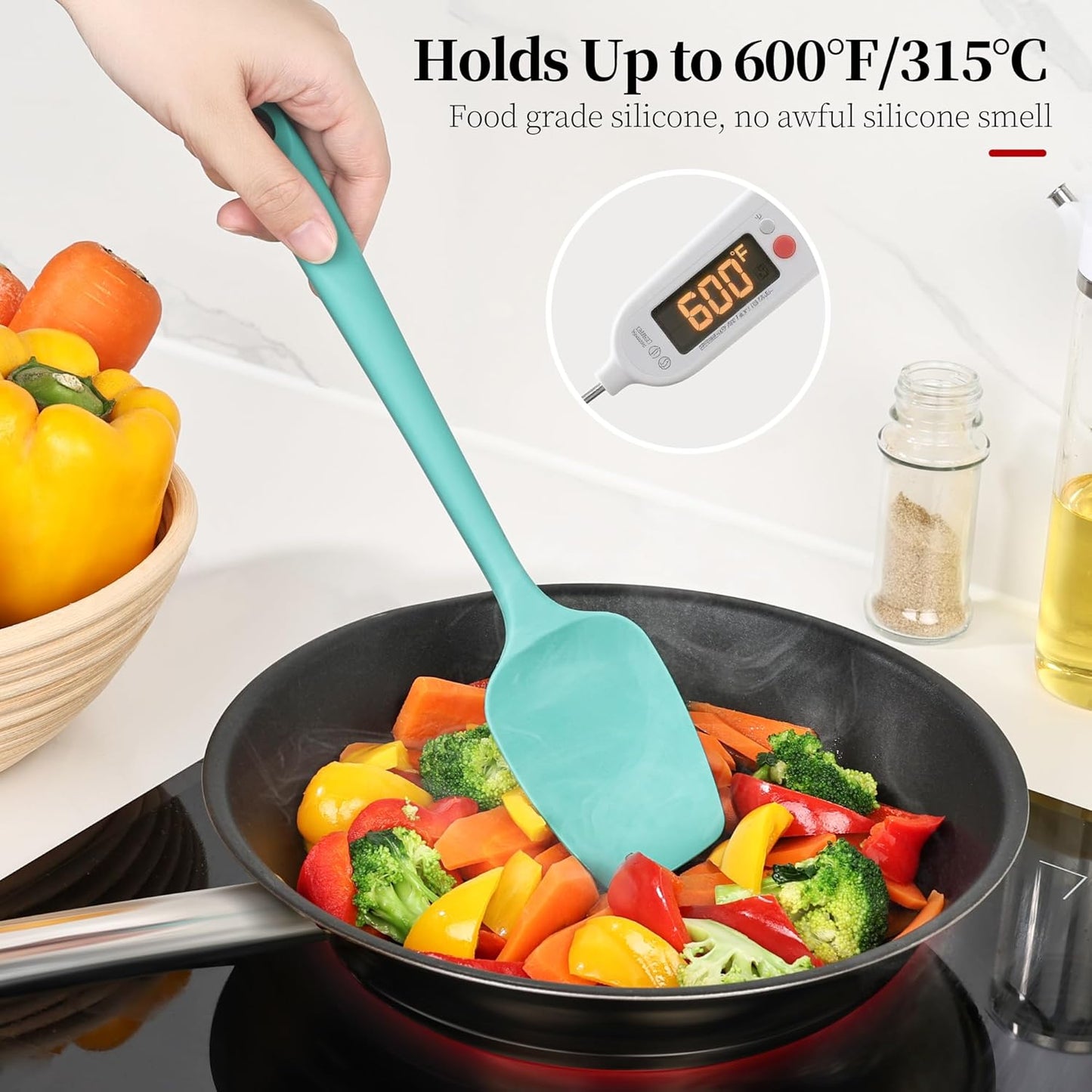 600ºF Heat Resistant Spatulas, High Heat Food Safe Semless Kitchen Silicone Scraper Set for Cooking Baking Mixing Scraping Stirring Nonstick Cookware Pan Bowl (4Pcs,Aqua Sky)