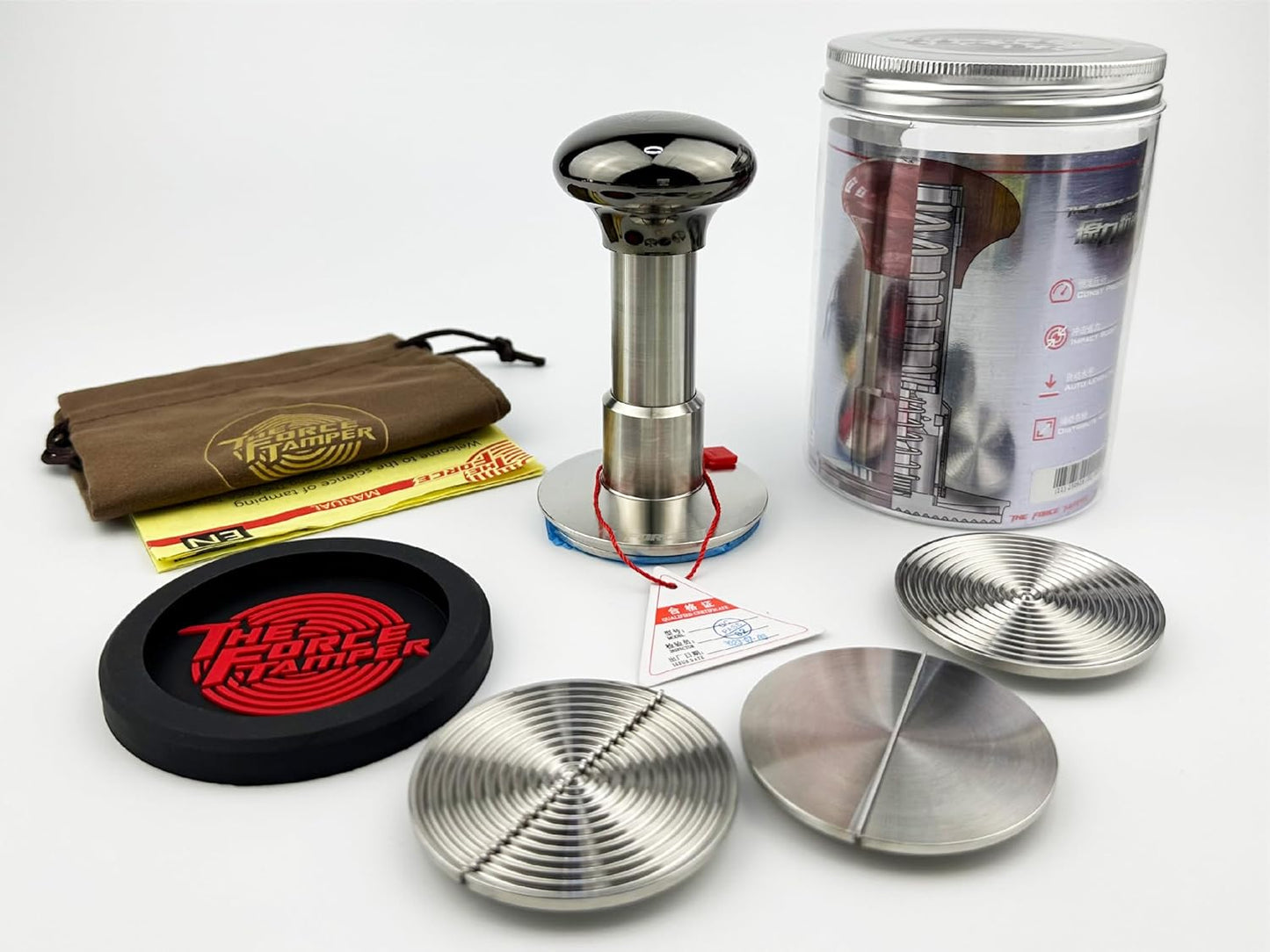 The Force Tamper Automatic Impact Coffee Tamper Adjustable Const Pressure and Autoleveling Duo-Distribute Set New (Jelly-Black Mirror AL, 58.35mm)