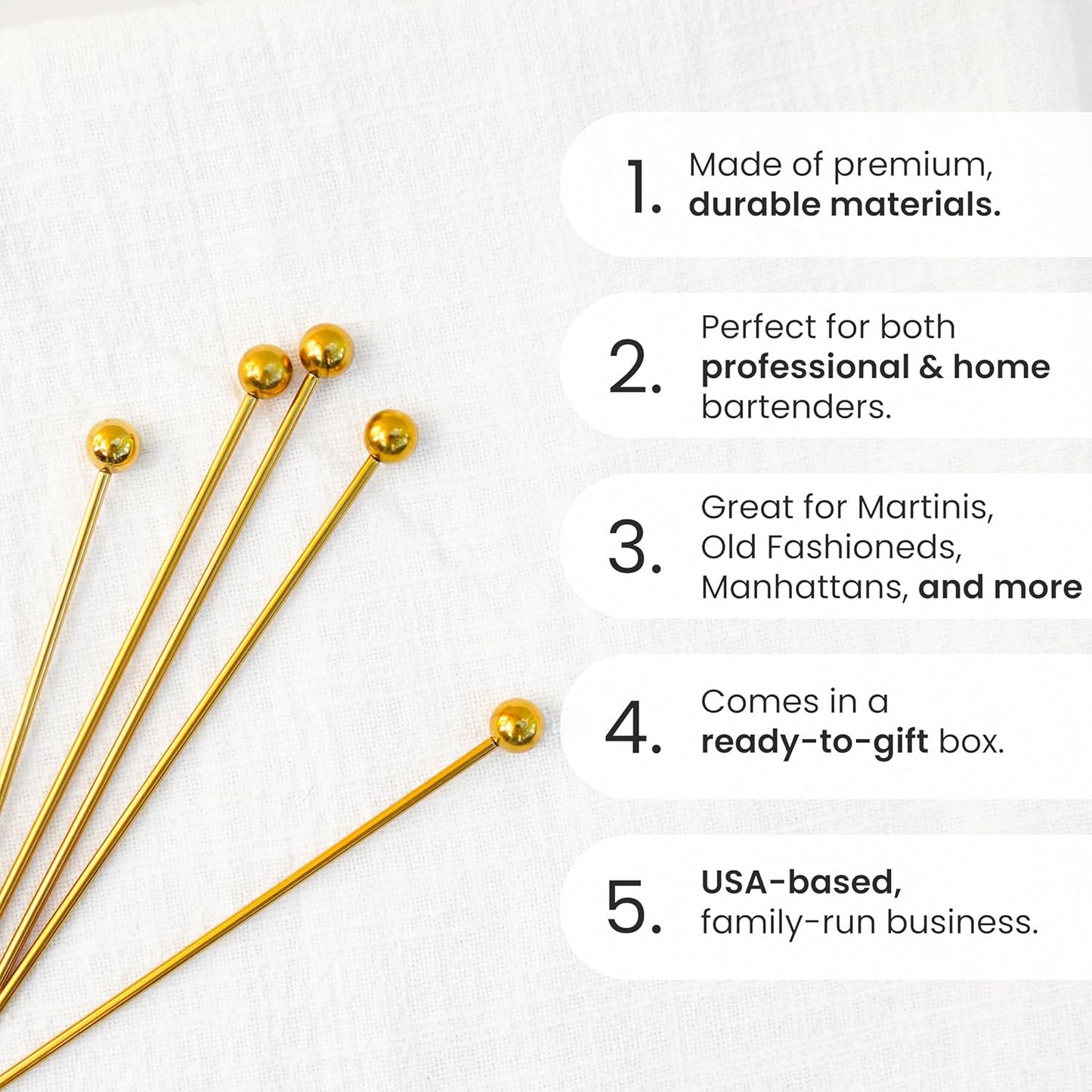 A Bar Above Stainless Steel Cocktail Picks, 8 Inch Reusable Stir Sticks for Drinks and Appetizers, Durable Garnish Skewers for Cocktails, Fruit, Shrimp, Olives, and Professional Bar Presentations