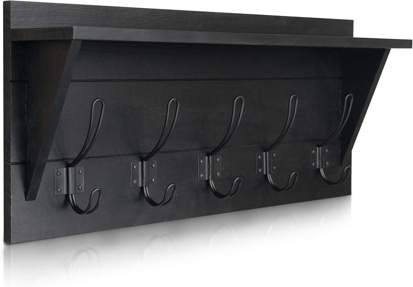 Wall Mounted Coat Rack Shelf, Rustic Wooden Country Style 24" Entryway Shelf with 5 Rustic Hooks Featuring Solid Pine Wood. Perfect Touch for Your Entryway, Mudroom, Kitchen, Bathroom and More, Black