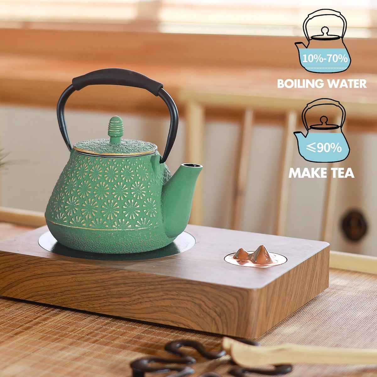 Cast Iron Teapot, 32oz Tea Kettle with Infuser for Stove Top, Sakura Blossom Pattern Japanese Tea Pot for Tea & Coffee Coated with Enameled Interior, Silicone Handle 950ml Green