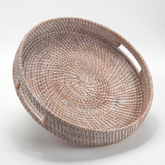 Coffee Table Tray Round Rattan Ottoman Tray Woven Serving Trays with Handles for Home and Kitchen Decorative Whitewash (Large 16.9 inch)