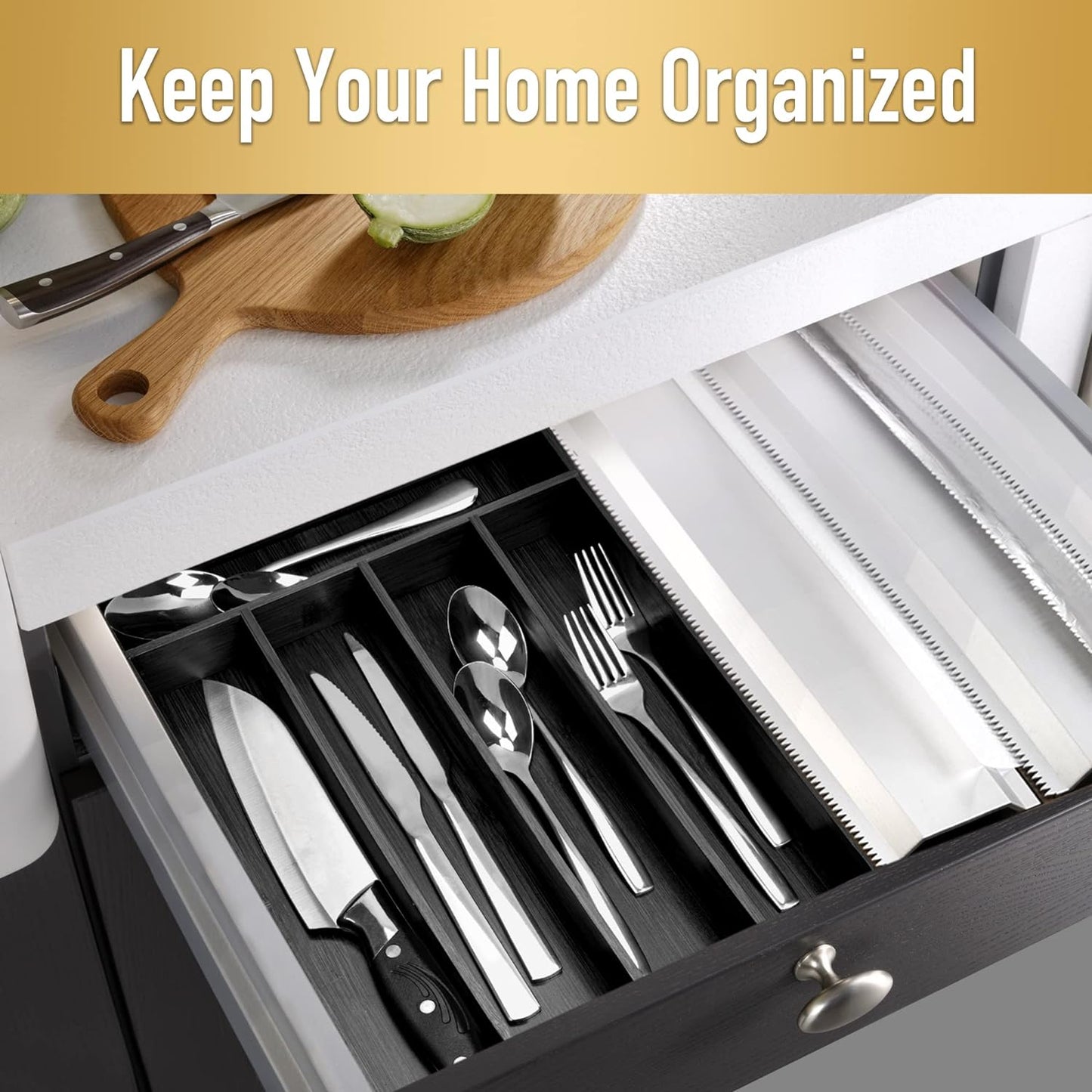 Bamboo Silverware Holder - Drawer Organizer with 5 Slots (Black)