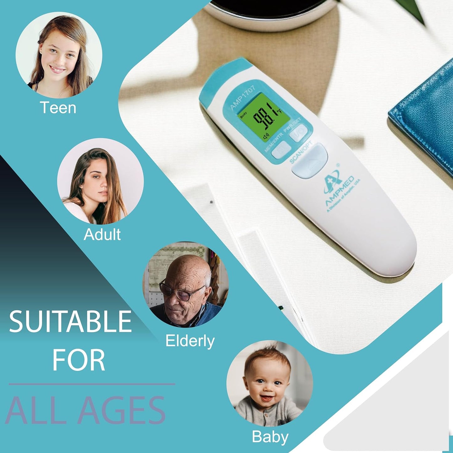 Amplim Non-Contact Forehead Thermometer & Case for Adults, Kids, Baby, FDA Cleared, Medical Grade, Touchless Infrared, 1-Sec Reading, Fever Alarm, Memory Recall, Quiet Mode, (White)