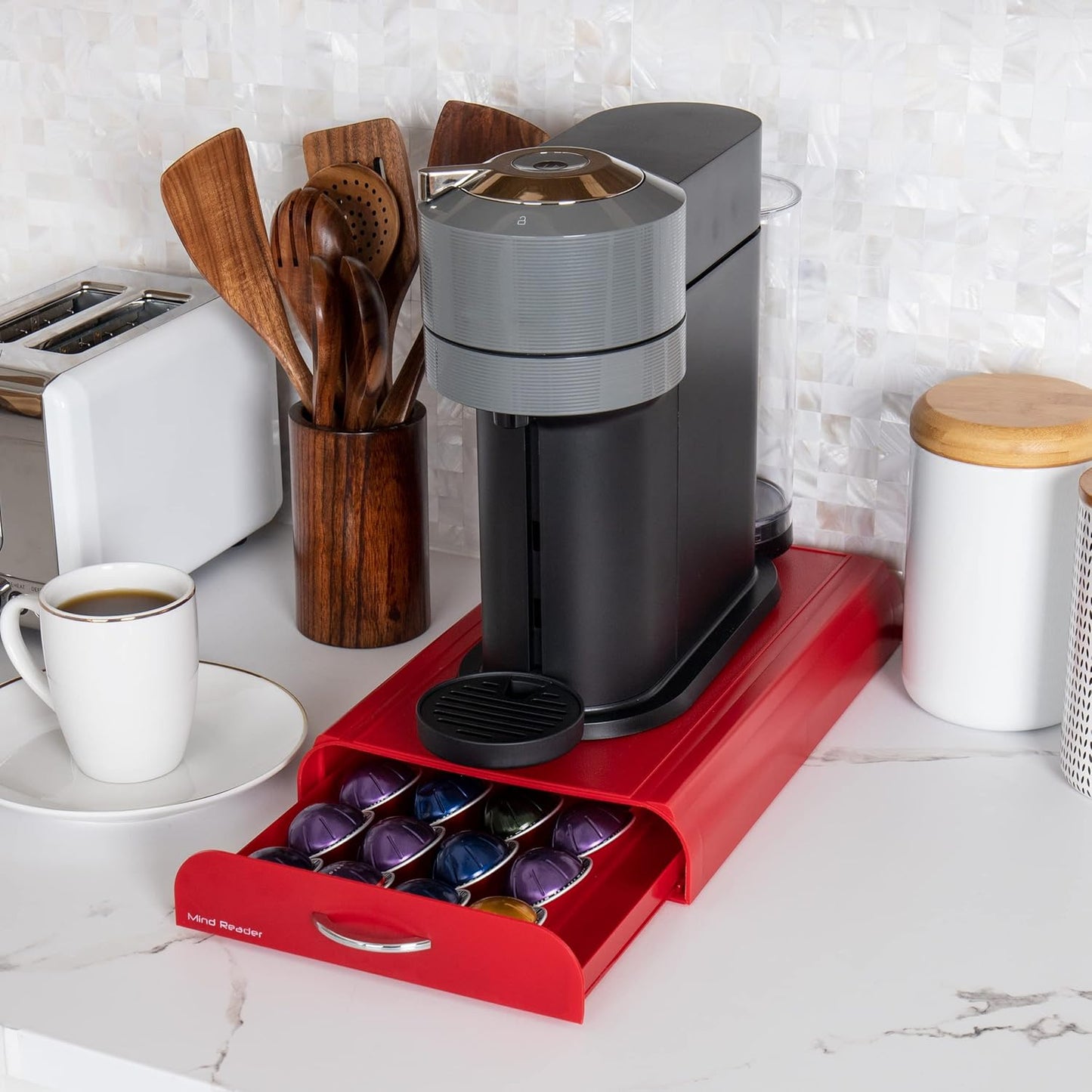 Mind Reader Nespresso Compatible Capsule Drawer, Countertop Organizer, Coffee Pod Holder, Storage, 9.25"L x 15"W x 2"H, Red