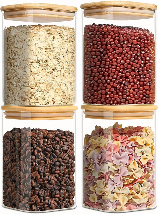 Square Glass Jars Canister with Wood Lid 37 FL OZ [Set of 4], Container Jar with Sealing, Lids for Oat Pasta Flour Cereal Rice Sugar Tea Coffee Beans, Best for Kitchen & Pantry
