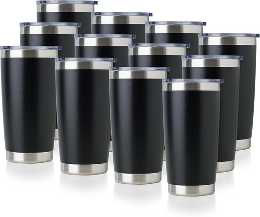 DOMICARE 20oz Stainless Steel Tumbler Bulk with Lid, Double Wall Vacuum Insulated Travel Mug, Powder Coated Coffee Cup, Powder Black, 12 Pack