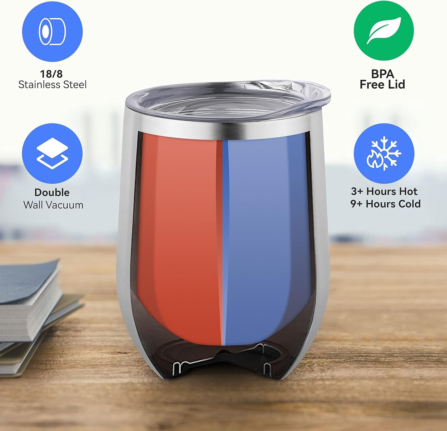 DOMICARE Stainless Steel Wine Tumbler Bulk with Lid, Personalized Insulated Tumblers Set, 12oz Travel Coffee Cups Pack of 1, Stainless steel