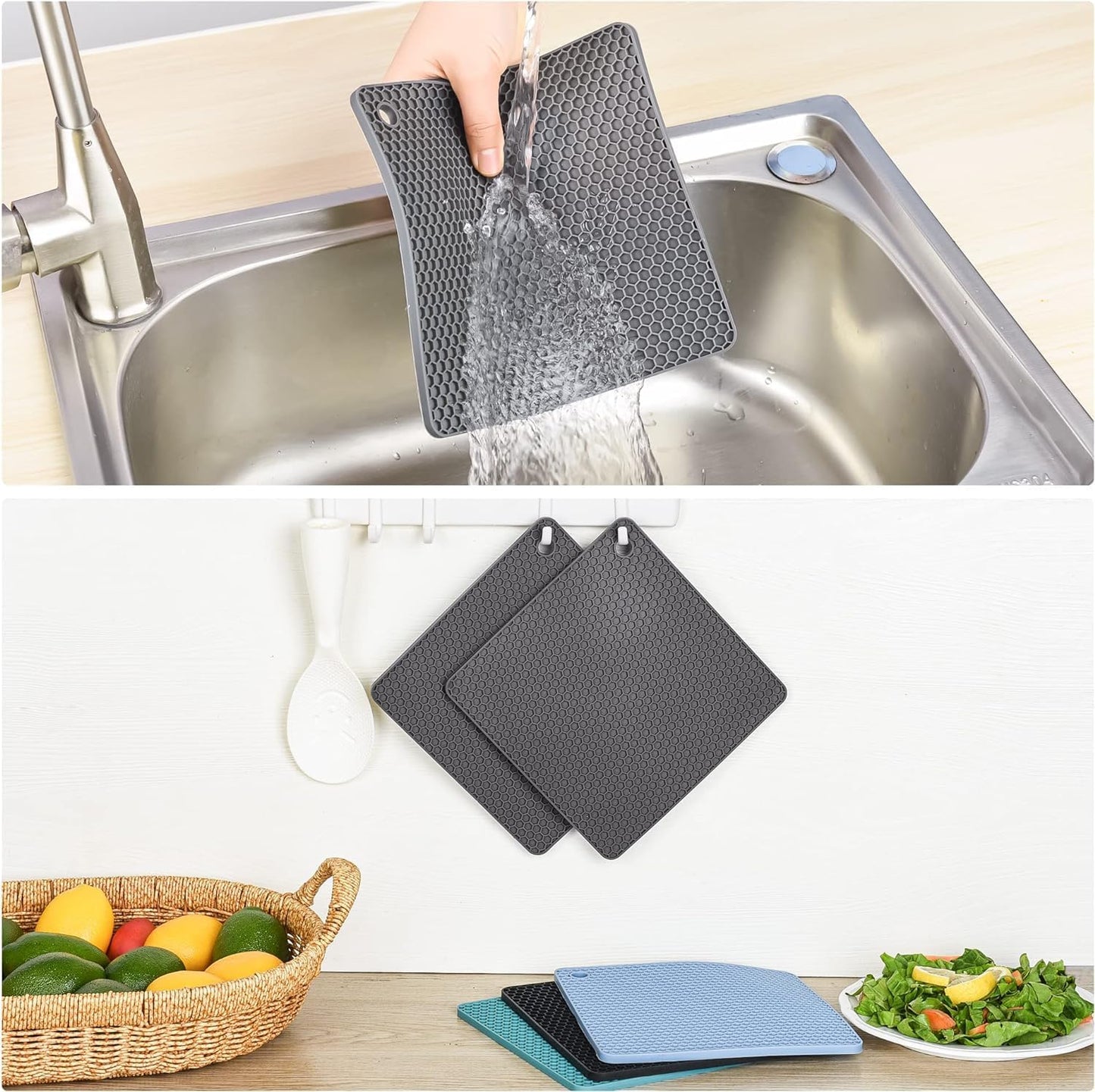 Silicone Trivets Mats, Silicone Hot Pads for Pot Holder, Square Trivets for Hot Dishes, Pots and Pans, Multipurpose Hot Pads for Kitchen Counter, Non Slip Heat Resistant Mats Set 4 Light Grey
