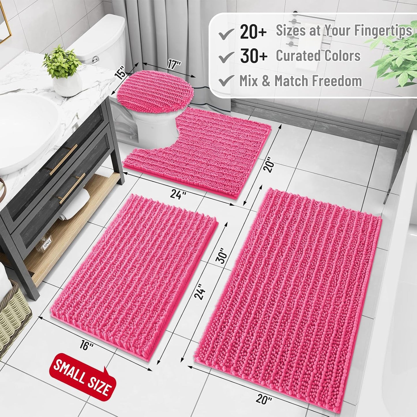 Arotive Luxury Chenille Bathroom Rug Mat, Extra Soft Thick Absorbent Shaggy Bath Rugs, Non-Slip Machine Wash Dry, Plush Bath Mats for Bathroom, Shower and Tub, 24x16, Deep Pink