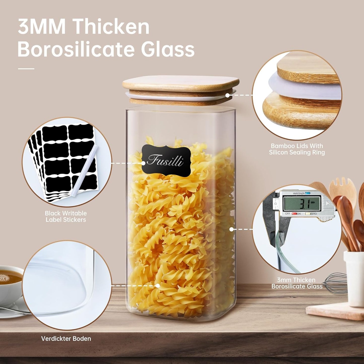 21oz - 4 Pack Square Glass Jars with Bamboo Lids, Glass Food Storage Containers with Airtight Lids, Air Tight Pantry Storage Containers for Coffee, Sugar, Spice, Meal Prep Jars for Salad & Fruit
