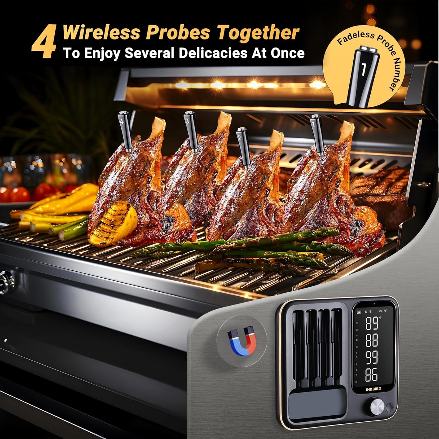 Wireless Meat Thermometer with 4 Probes, Inkbird Wifi BluetoothThermometer Digital Wireless for Rotisserie Grill Oven,Unlimited Range Dishwasher Waterproof Bluetooth Meat Thermometer for iOS & Android