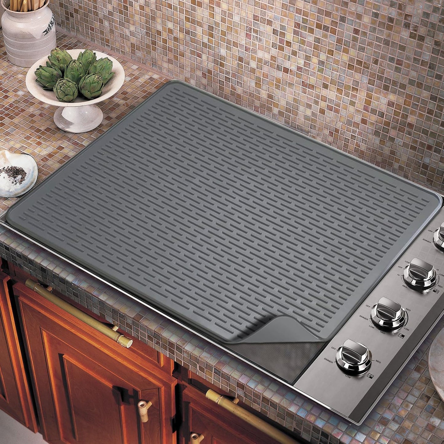Golener Silicone Large Dish Drying Mat - 28" x 20" Stove Top Protector for Electric Stove, Food Grade, Foldable, Easy Clean, Heat-resistant Silicone Mat for Glass Stove Cooktop, Stove Top Cover, Grey