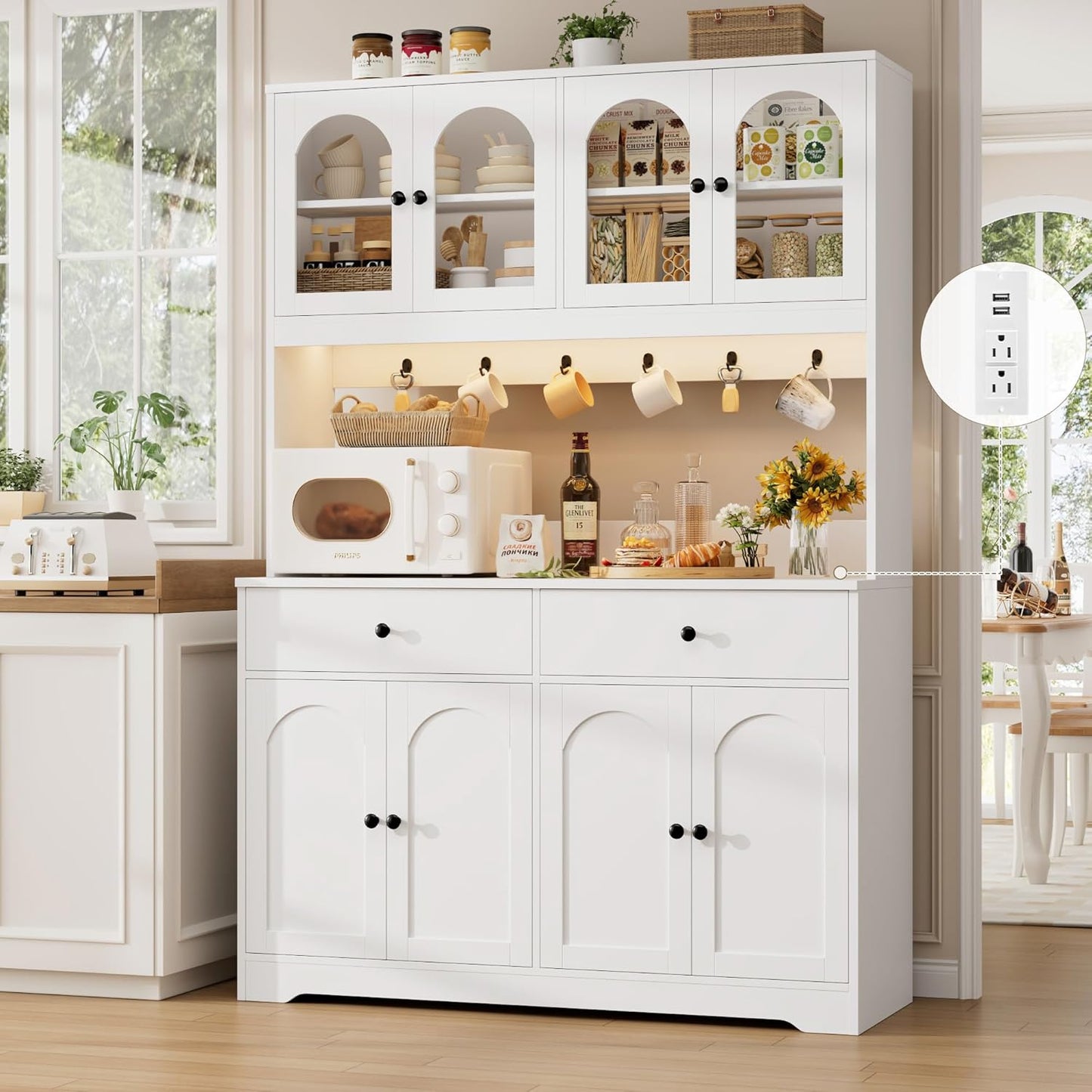 HIFIT 71" LED Kitchen Pantry Cabinet with Power Outlet, Large Kitchen Hutch Storage Cabinet with Arched Door & Shelves & 2 Drawers, Tall Modern Coffee Bar with Hutch for Home Dining Living Room, White