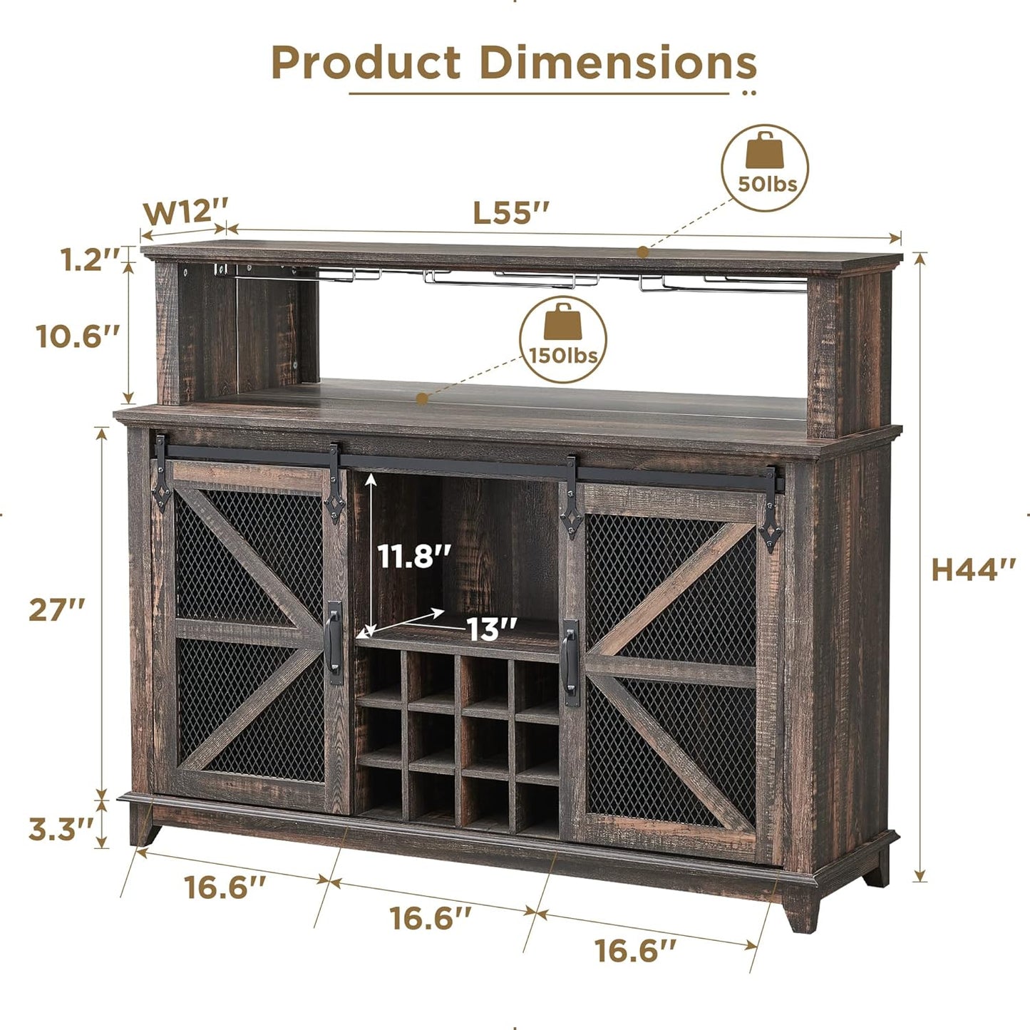 OKD Farmhouse Coffee Bar Cabinet with LED Lights, 55" Wine Bar w/Sliding Barn Door & Wine and Glass Rack, Kitchen Buffet Cabinet w/Storage Shelves for Dining Room,Dark Rustic Oak