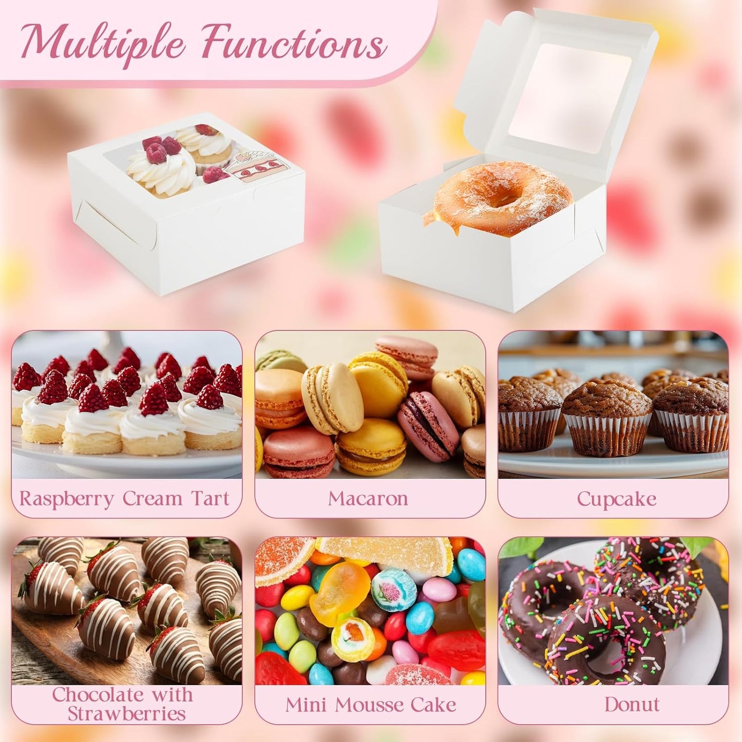 OAMCEG 50 Pack Cookie Boxes with Window 6x6x3 Inches White Cupcake Boxes, Bakery Treat Boxes with Stickers & Twine for Pastry, Desserts, Strawberries, Cupcakes, Gift Giving