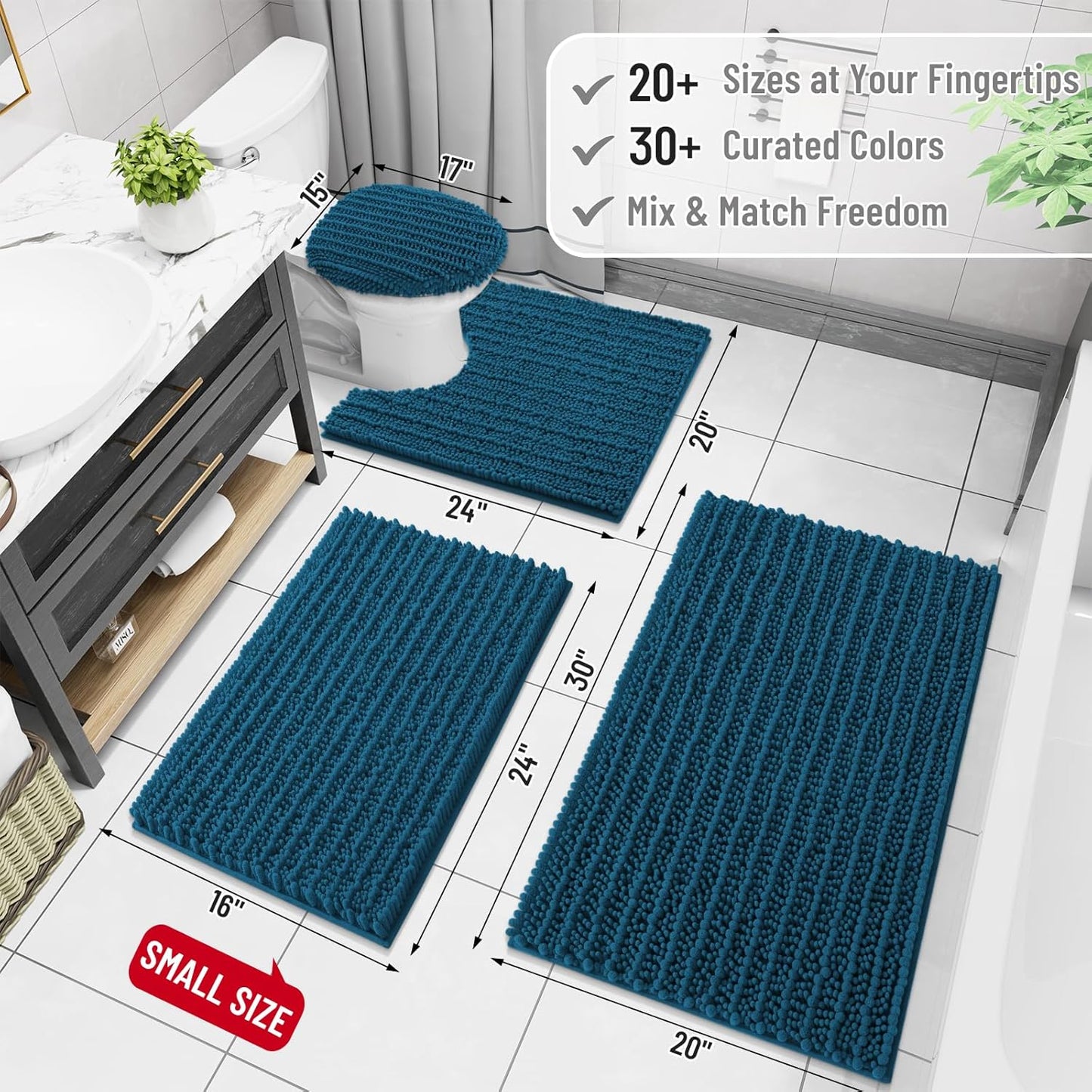 Arotive Luxury Chenille Bathroom Rug Mat, Extra Soft Thick Absorbent Shaggy Bath Rugs, Non-Slip Machine Wash Dry, Plush Bath Mats for Bathroom, Shower and Tub, 24x16, Peacock Blue