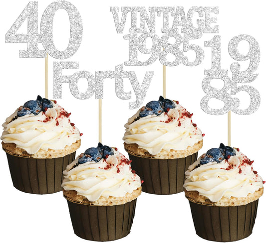 Gyufise 24Pcs Happy 40th Birthday Cupcake Toppers Glitter Forty 40 Fabulous Vintage 1985 Cake Toppers for 40th Birthday Wedding Anniversary Party Cake Decorations Supplies Silver