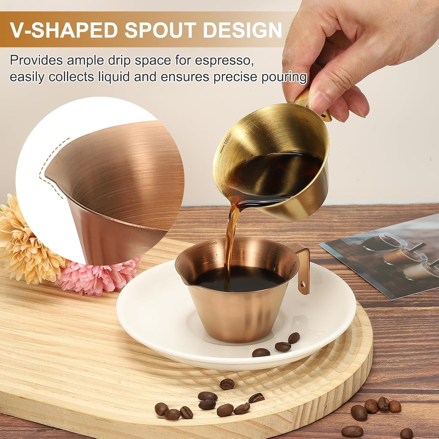 uxcell 2 Pcs Stainless Steel Espresso Cup with Handle, V-Shaped Mouth Espresso Measuring Cup with Scale for Preparing Coffee, Cocktails, 3.4OZ/100ML (Iridescent)