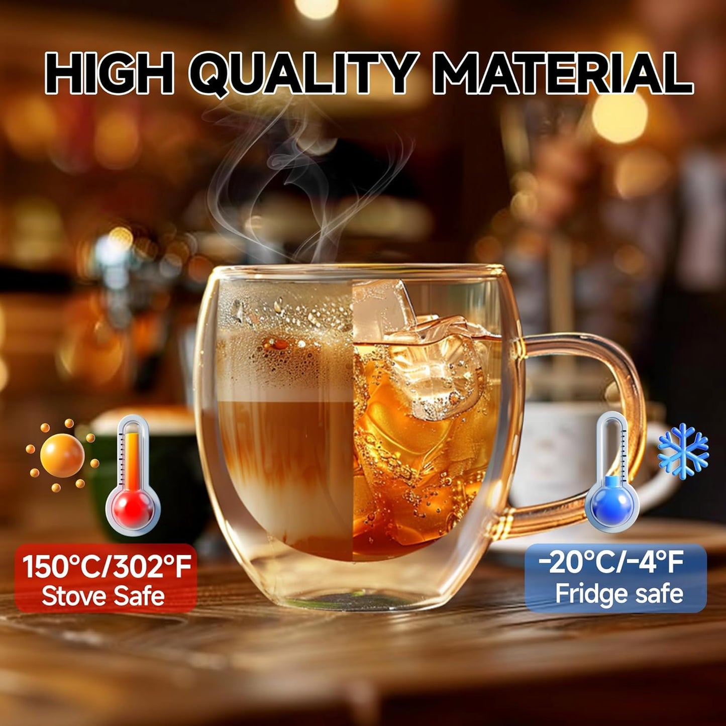 Set of 4 Double Walled Glass Coffee Mugs 6 Ounces Insulated Layer Coffee Cups with Handle Borosilicate Glass Espresso Cup for Hot Beverage,Cappuccino,Tea,Latte,Wine,Microwave Safe