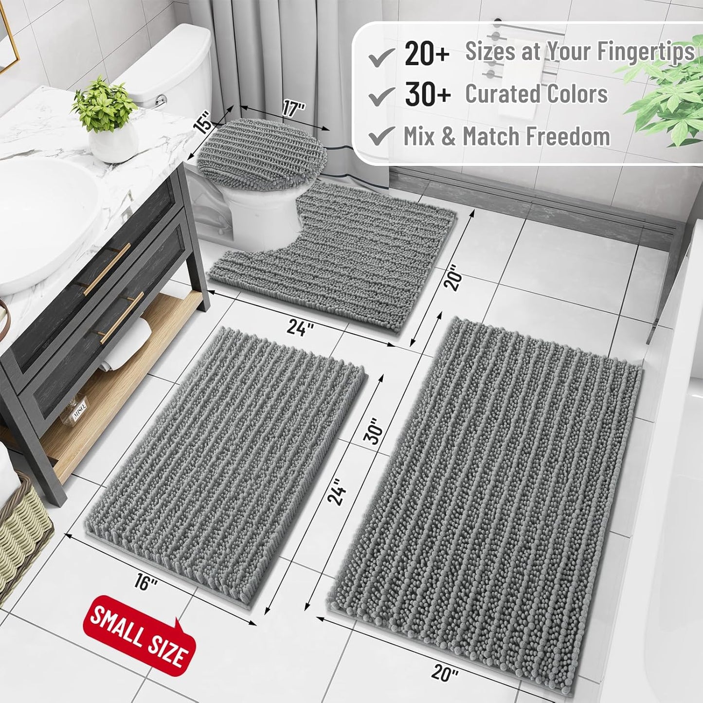 Arotive Luxury Chenille Bathroom Rug Mat, Extra Soft Thick Absorbent Shaggy Bath Rugs, Non-Slip Machine Wash Dry, Plush Bath Mats for Bathroom, Shower and Tub, 36x24, Grey