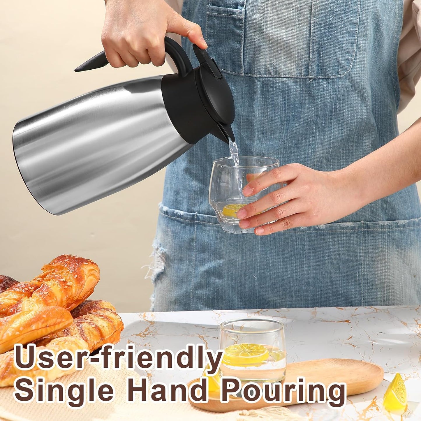 Norme 2 Pcs Thermal Coffee Carafe Insulated Stainless Steel Coffee Carafe for Hot Liquid Vacuum Thermal Pot Creamer Pitcher Dispenser with Brushes Keeping Hot Water Milk(Silver,51 oz)