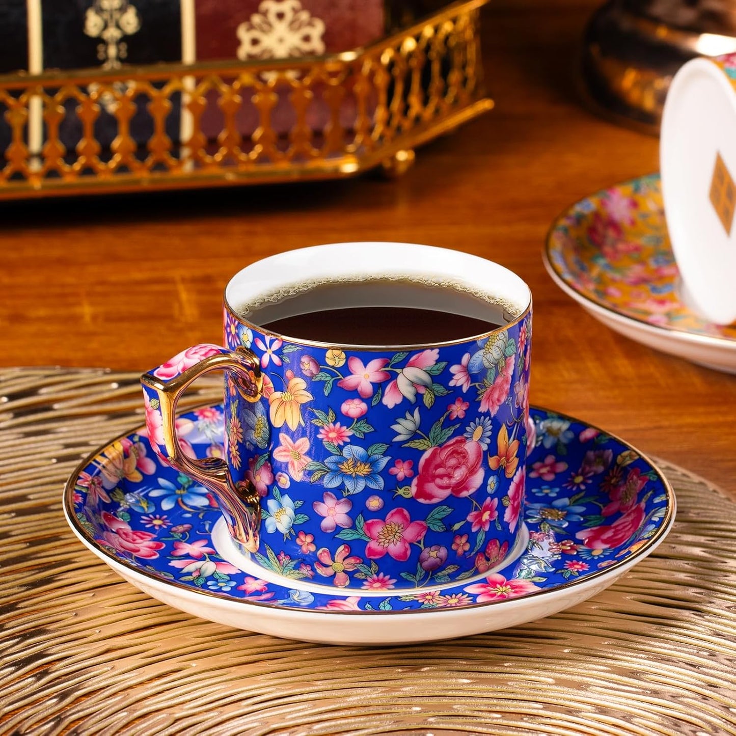 KAMMAK Tea Cups and Saucers Set of 2, Ceramic Coffee Cup with Saucer for Espresso, Cappuccino, 7oz Vintage Yellow and Blue Floral Porcelain Demitasse Mug for Home, Tea Party, Office