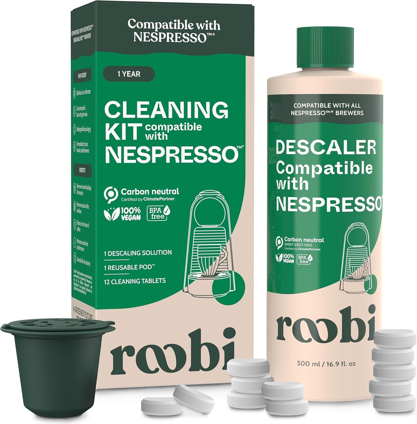 Roobi Descaling and Cleaning Kit Compatible with Nespresso Originaline. Includes 1 Bottle of Descaling Solution, 12 Cleaning Tablets and 1 Reusable Pod. Carbon Neutral. 1 Year Supply.